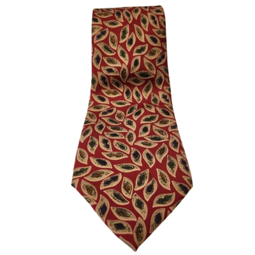 Eaton Vintage Silk Tie - Made in Italy - Leaf Pattern Red Gold Navy 100% Silk